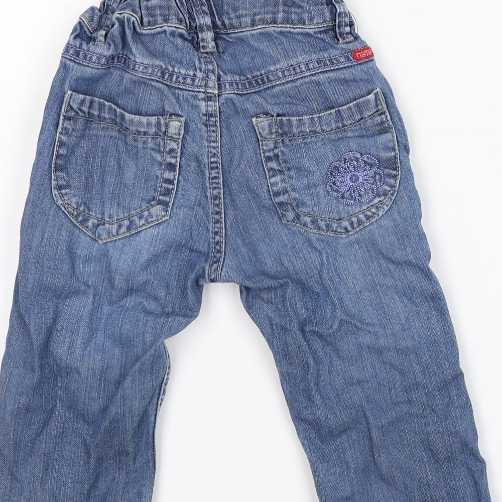 Brand and care label for NAME IT boys’ blue denim capri jeans, size 12-18, months