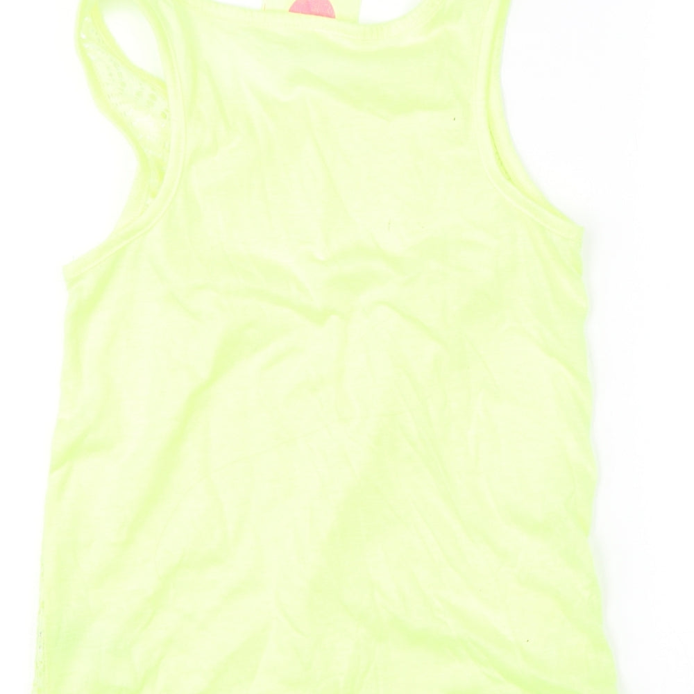 Brand and care label for Young Dimension girls’ yellow basic tank, size 11-12, years - neon