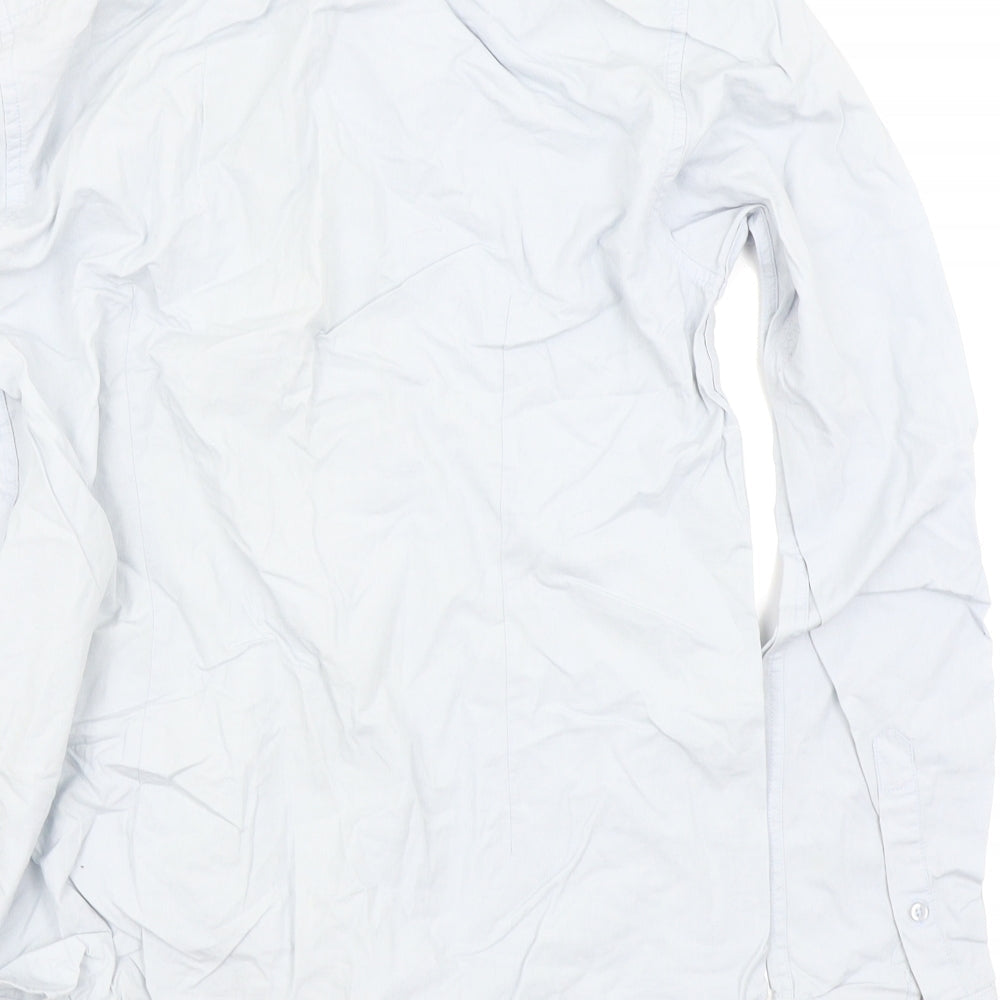Brand and care label for ASOS men’s blue dress shirt, size S