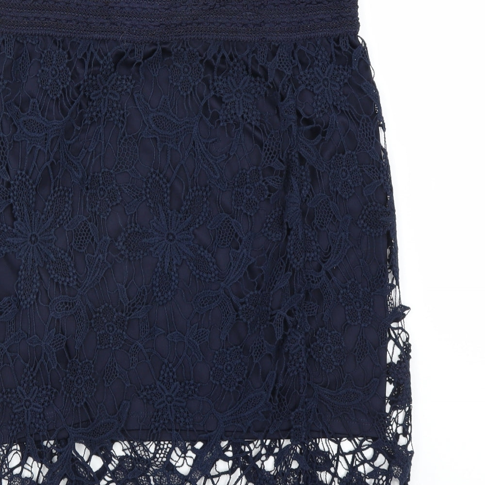 Brand and care label for Adiva women’s blue floral straight & pencil skirt, size S, - lace detail