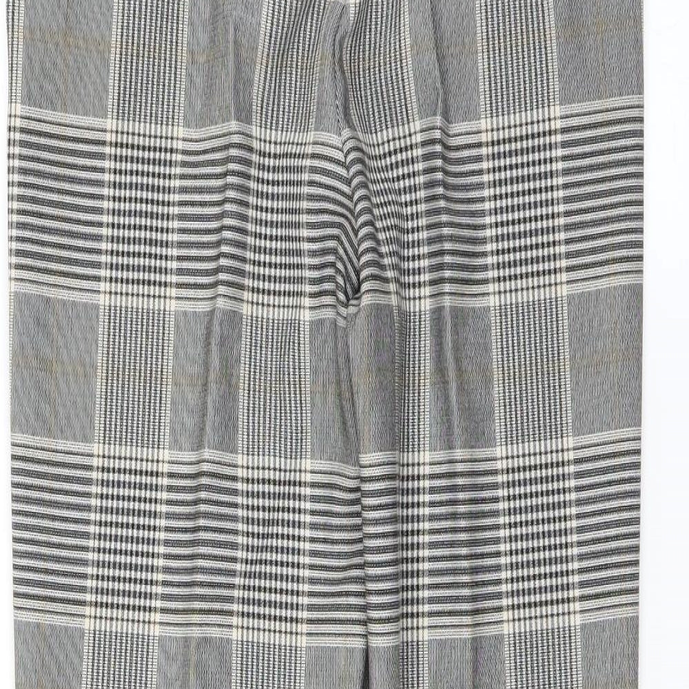 Brand and care label for H&M women’s grey plaid trousers, size UK 8, 25-inch leg