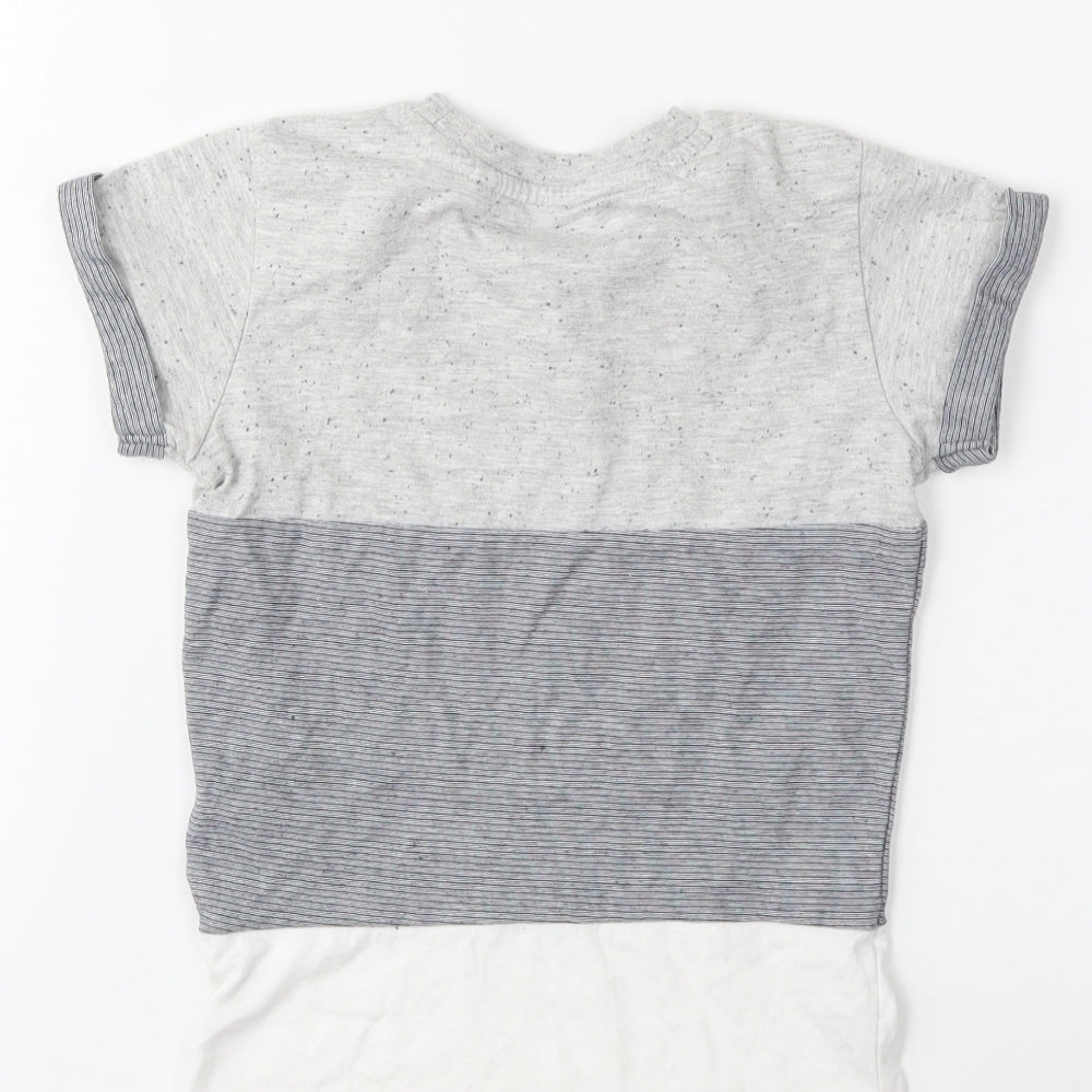 Brand and care label for Next boys’ grey striped basic t-shirt, size 4, years