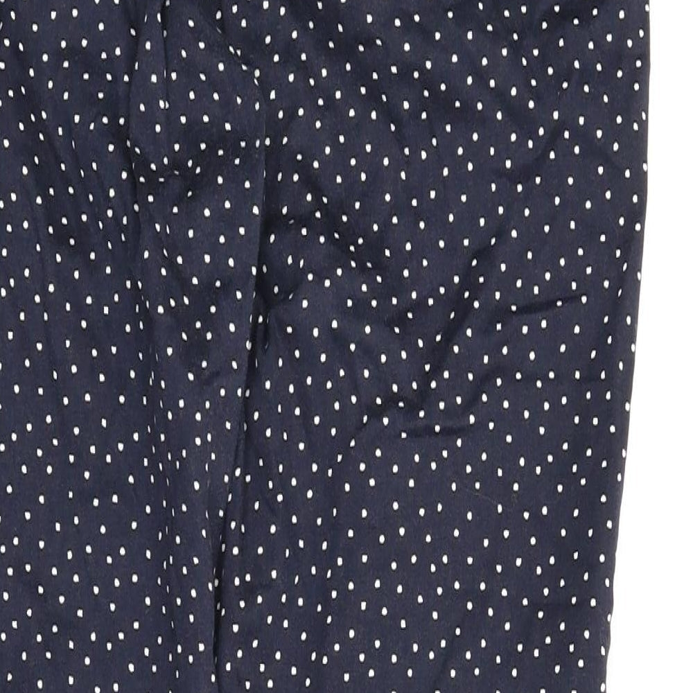 Brand and care label for R Edition women’s blue polka dot chino trousers, size UK 10, 27-inch leg