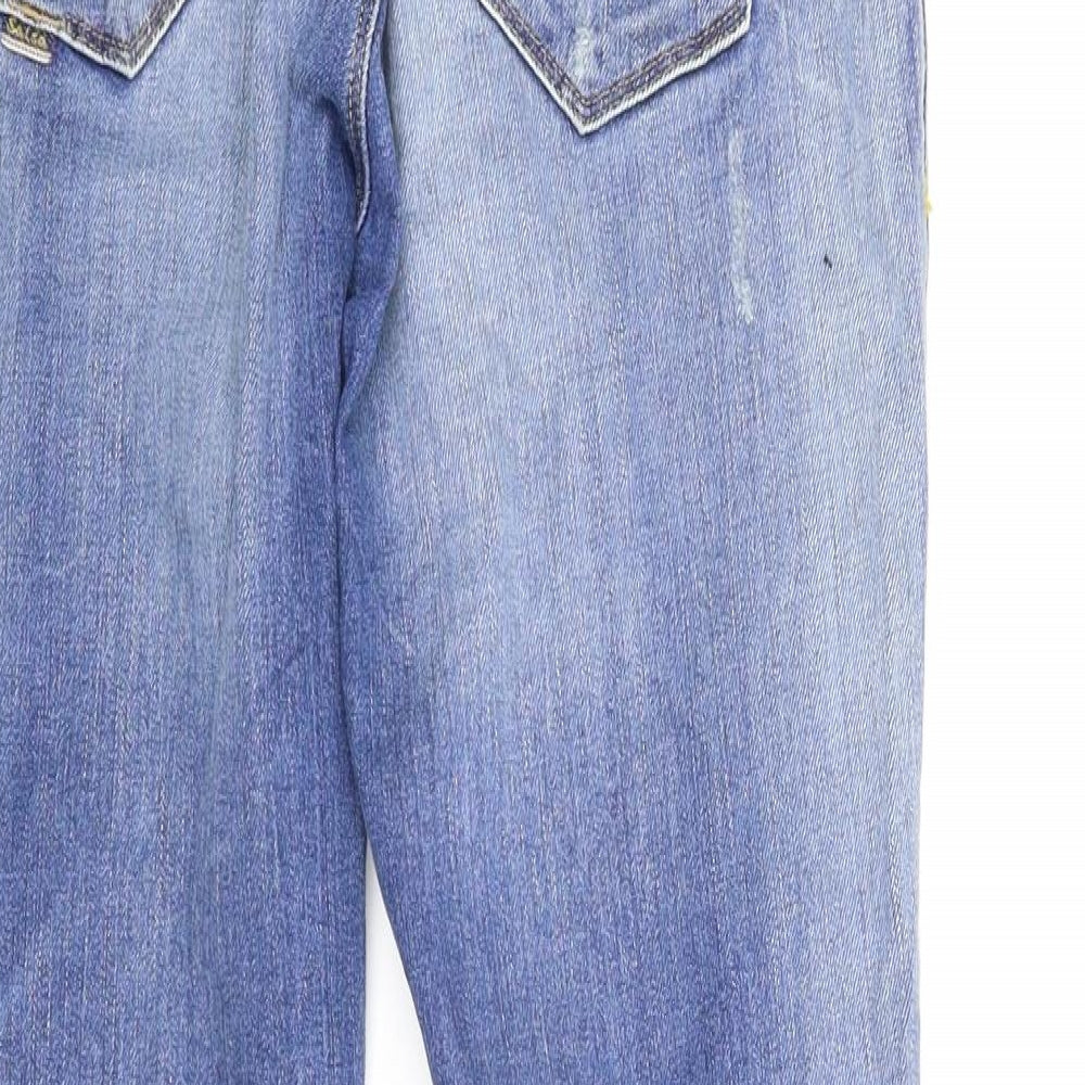 Brand and care label for Salsa men’s blue denim tapered jeans, size 30, 27-inch leg