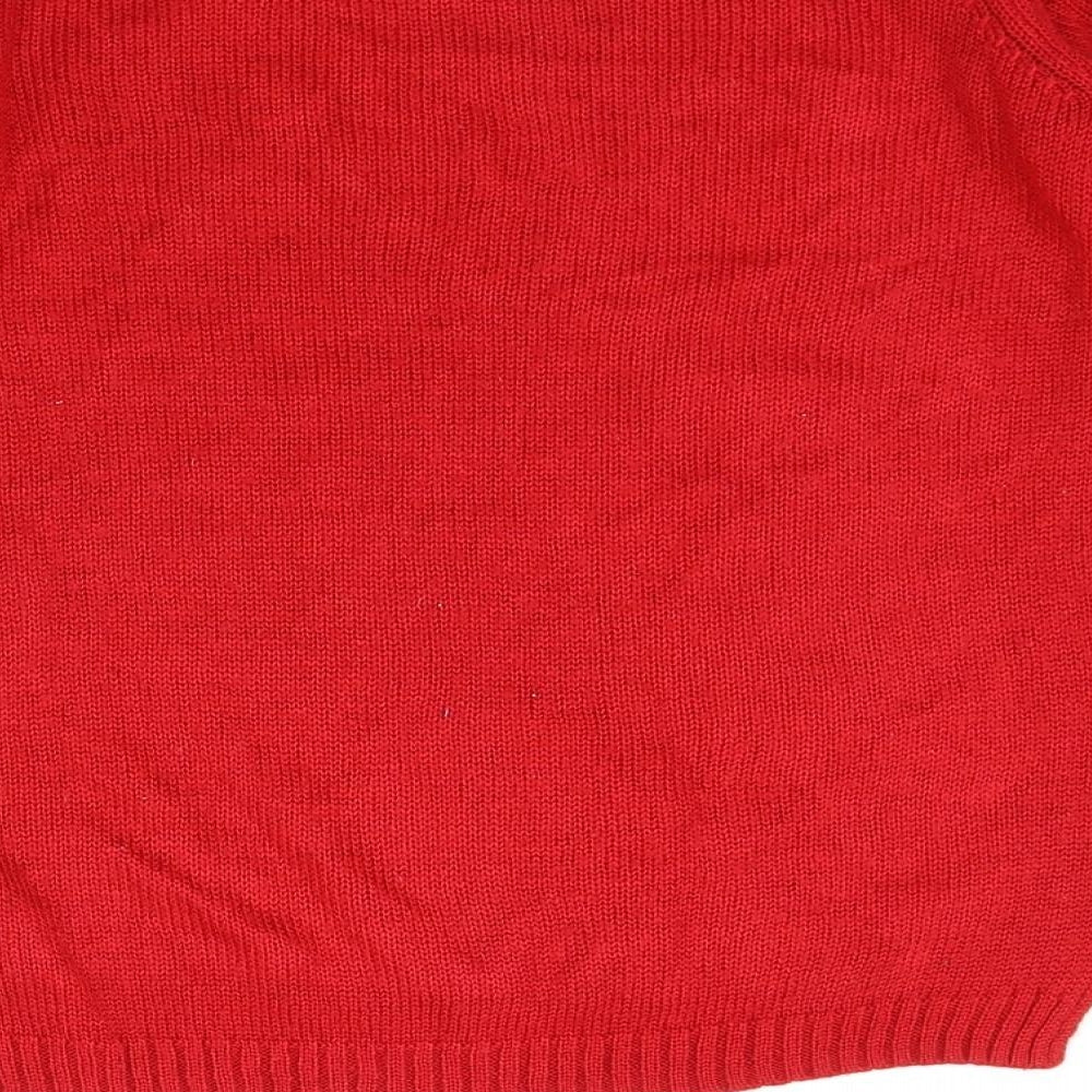 Brand and care label for H&M girls’ red jumper, size 13-14, years