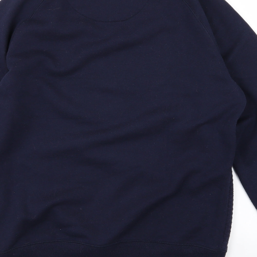 Brand and care label for Easy women’s blue argyle/diamond jersey pullover sweatshirt, size M