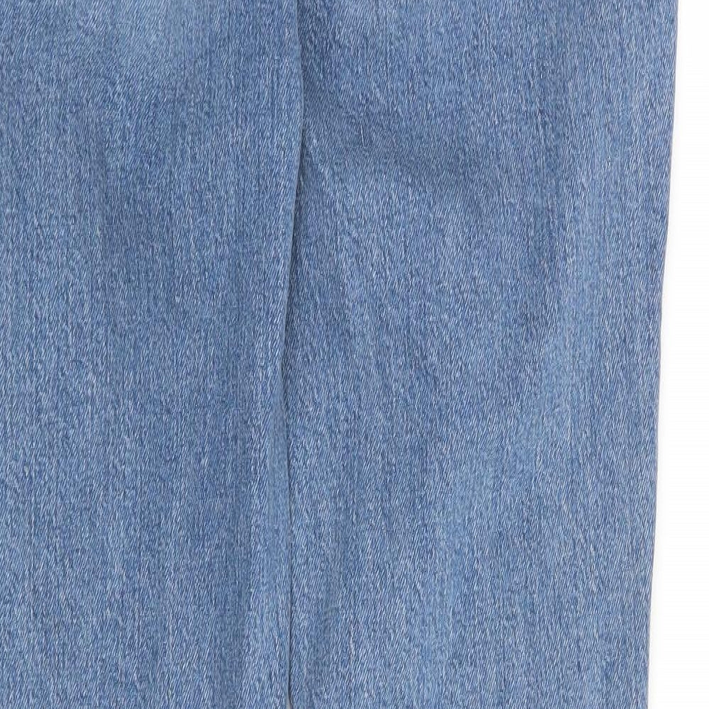 Brand and care label for ASOS men’s blue straight jeans, size 32, 30-inch leg