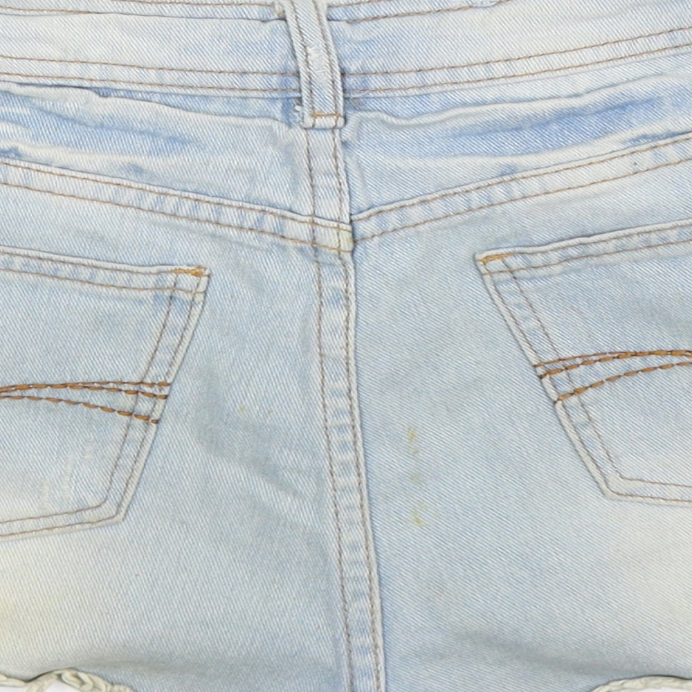 Brand and care label for Denim Co women’s blue denim hot pants shorts, size UK 8, - distressed