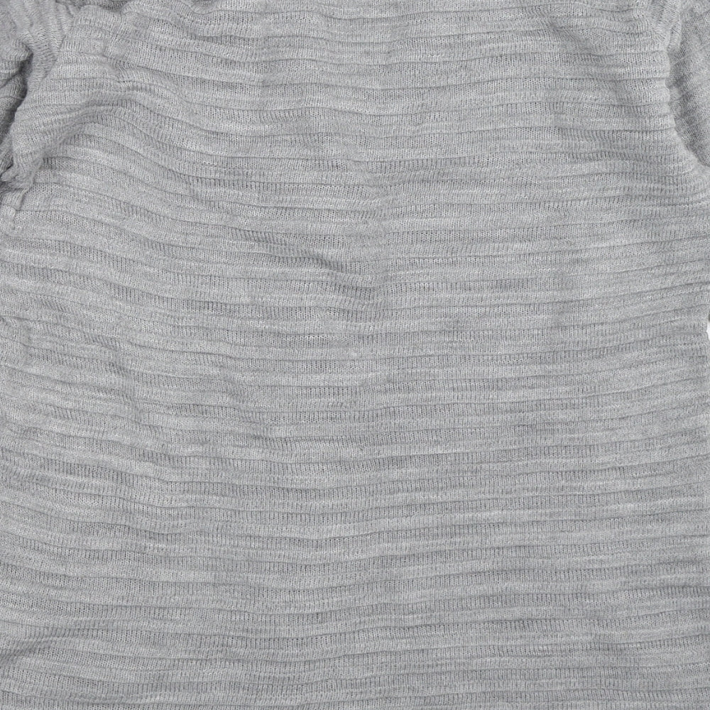 Brand and care label for Boohoo women’s grey knit cardigan jumper, size M