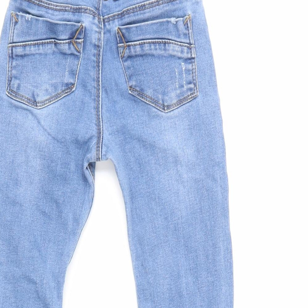 Brand and care label for Denim & Co. boys’ blue denim cargo jeans, size 12-18, months