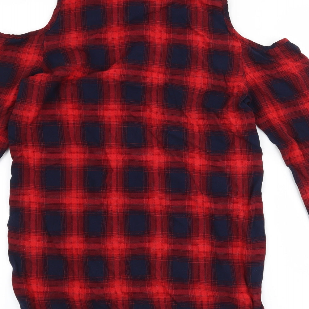 Brand and care label for Cherry Koko women’s red check basic button-up, size S