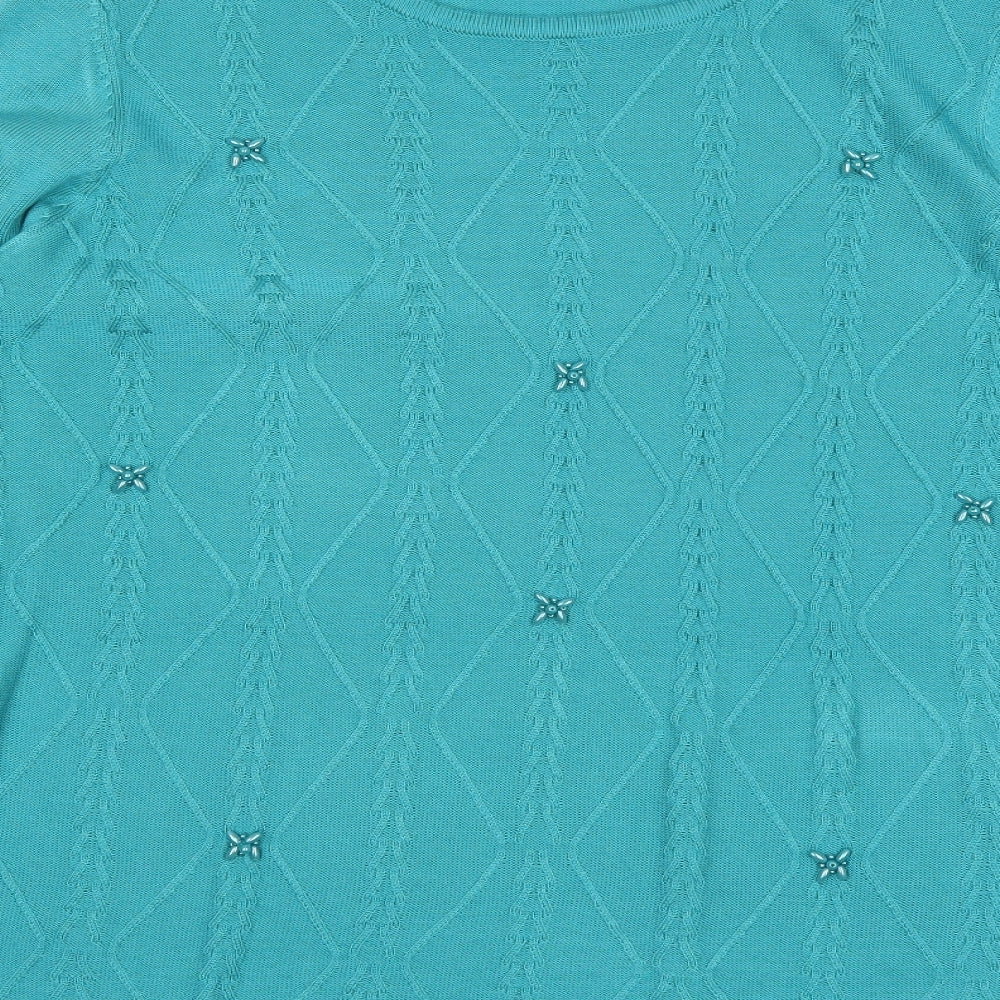 Brand and care label for Bonmarché women’s blue jumper, size M