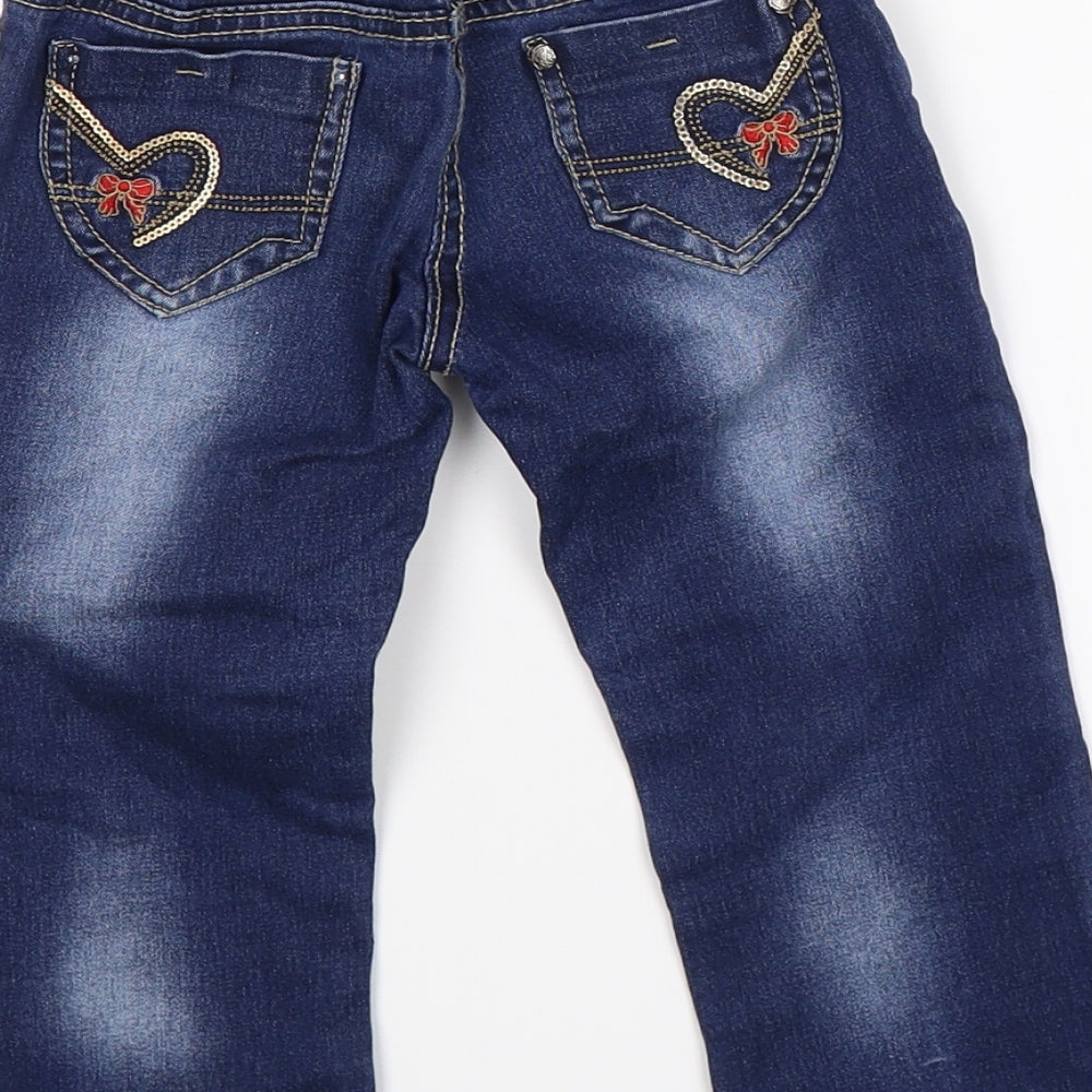 Brand and care label for kidtizen girls’ blue denim straight jeans, size 4, years - heart pockets