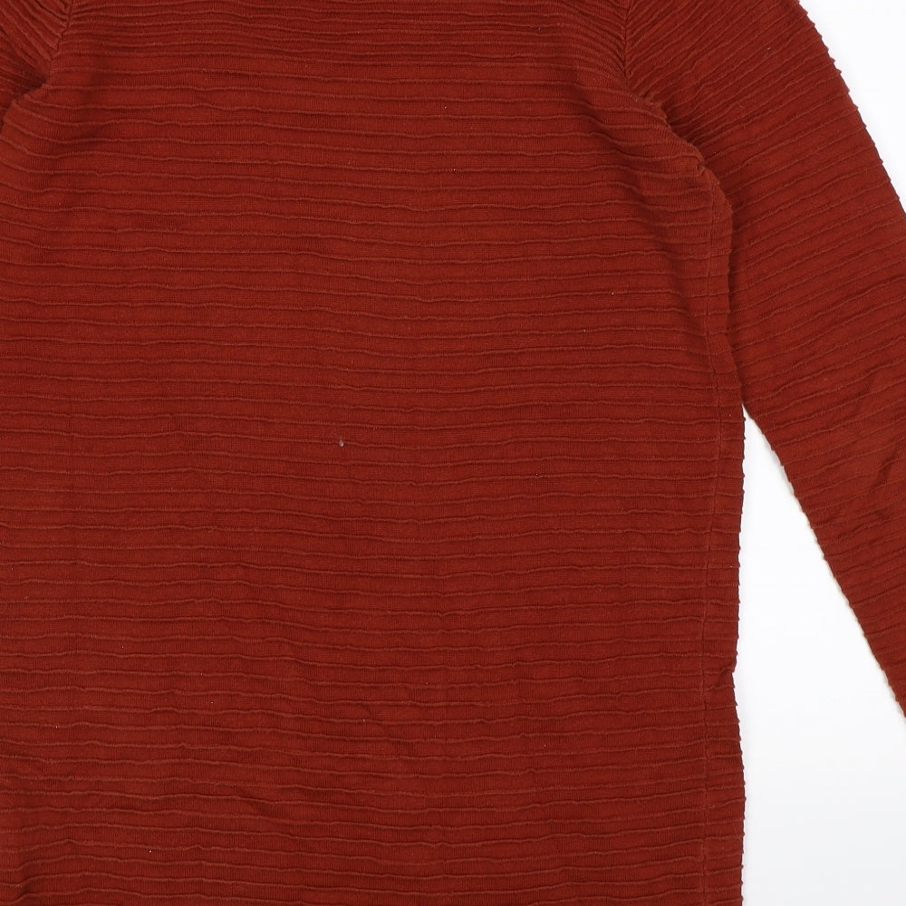 Brand and care label for frequent women’s brown striped knit jumper, size M