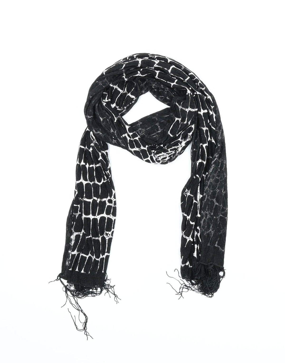 Front view of Preworn women’s silver animal print scarf