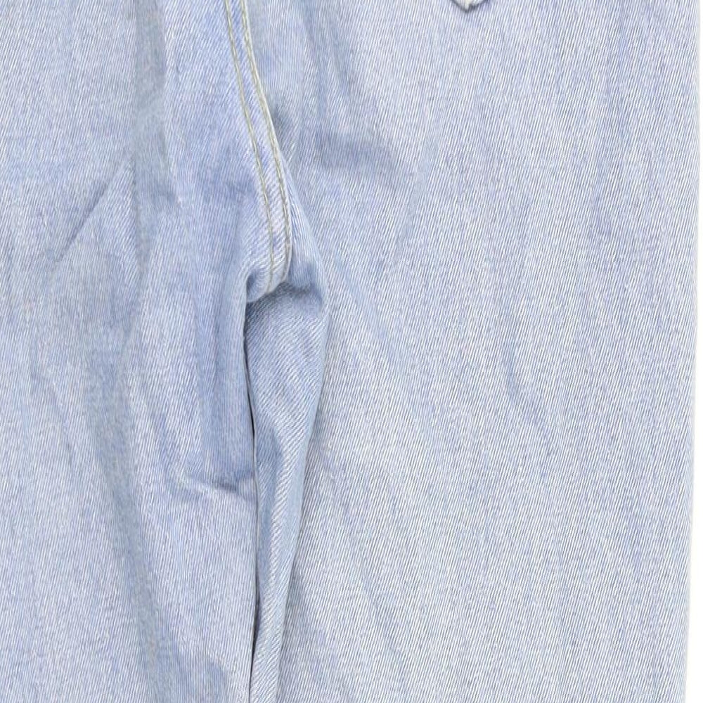 Brand and care label for women’s blue straight jeans, size S, 25-inch leg