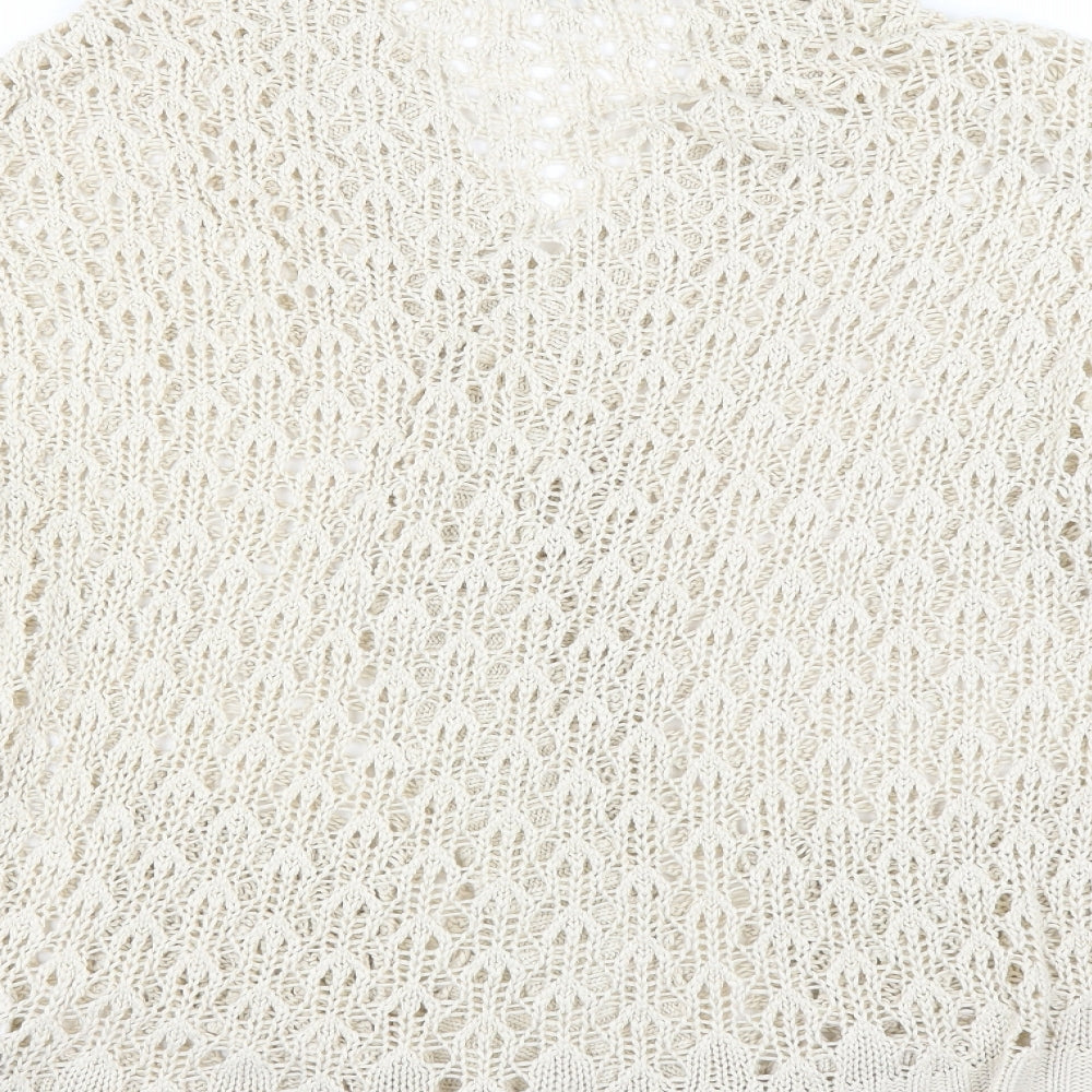 Brand and care label for Internacionale women’s beige cardigan jumper, size UK 16, - open knit