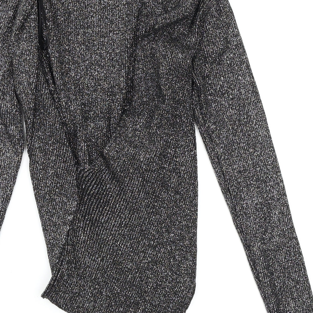 Brand and care label for Miss Selfridge women’s grey wrap jumper, size UK 14