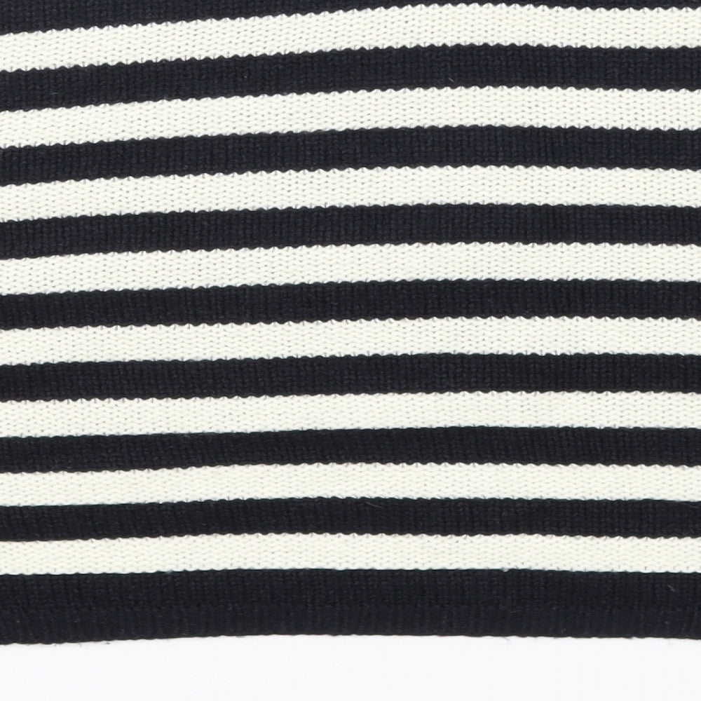 Brand and care label for Topshop women’s blue striped jumper, size UK 8