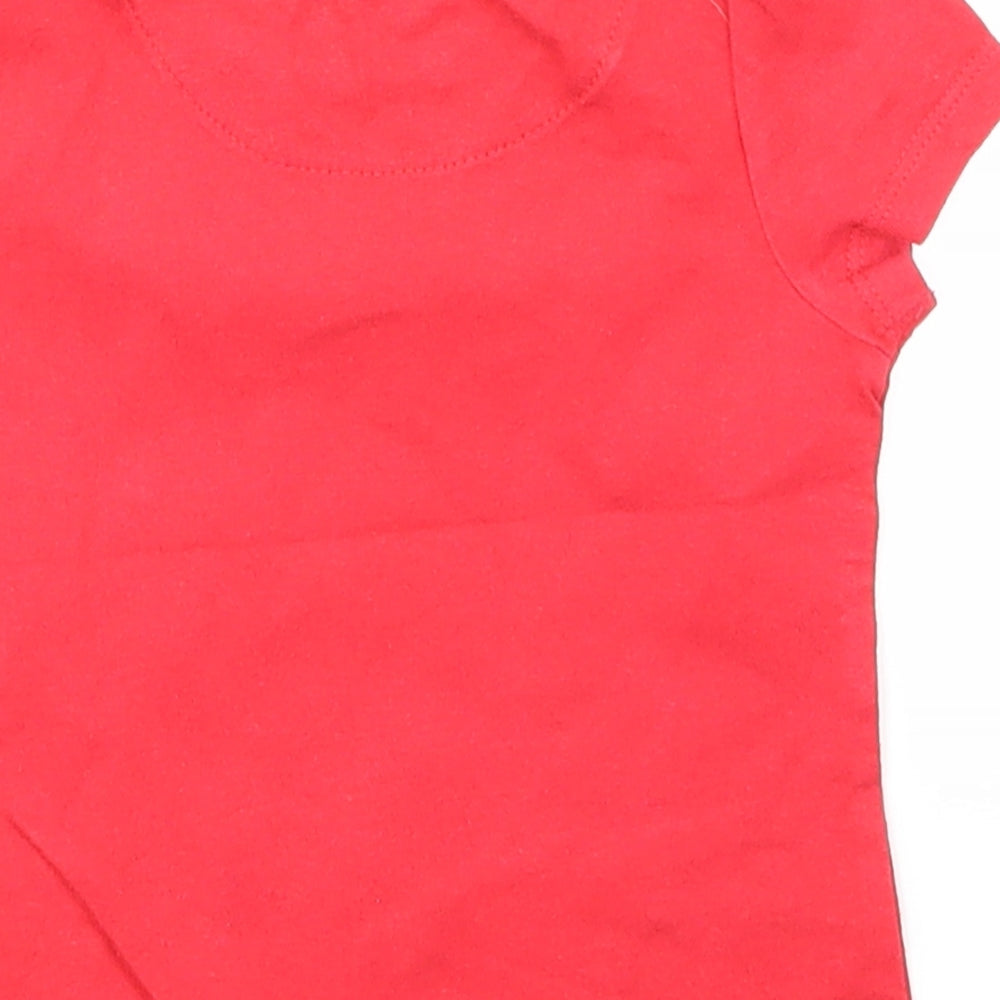 Brand and care label for Tu girls’ red basic t-shirt, size 6-9, months