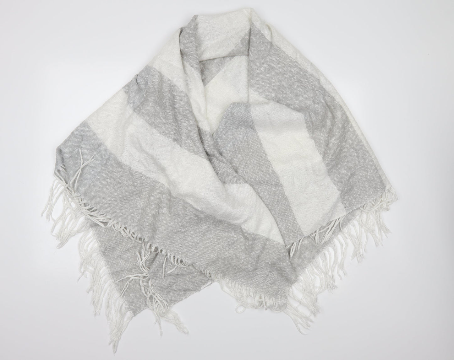 Additional front view of Preworn women’s grey striped knit shawl/wrap