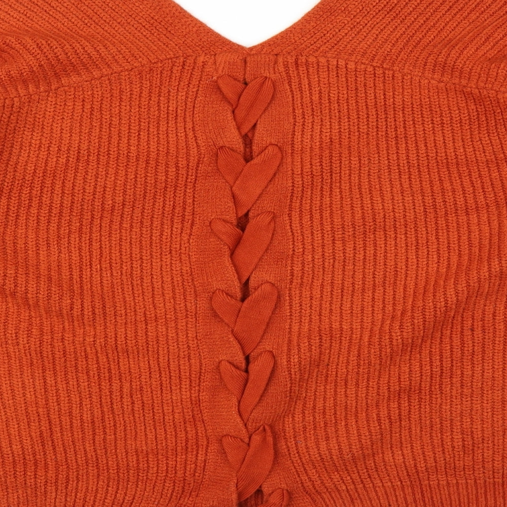 Brand and care label for New Look women’s orange knit jumper, size M
