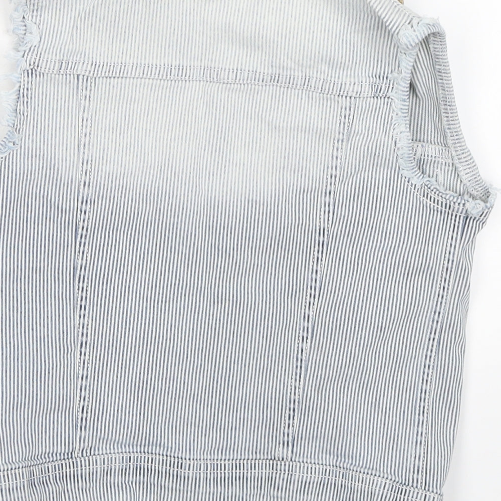 Brand and care label for Xhilaration women’s blue striped denim jacket, size UK 6