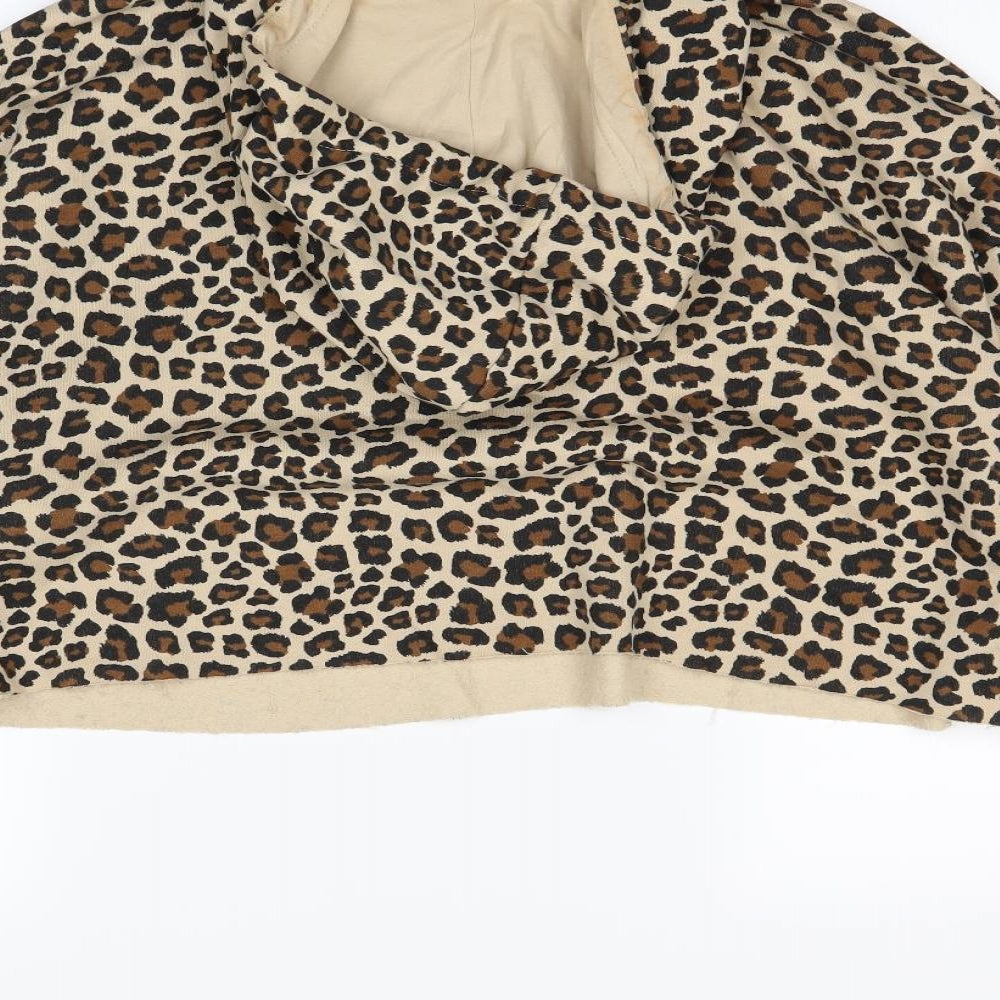 Brand and care label for H&M women’s beige animal print pullover hoodie, size L