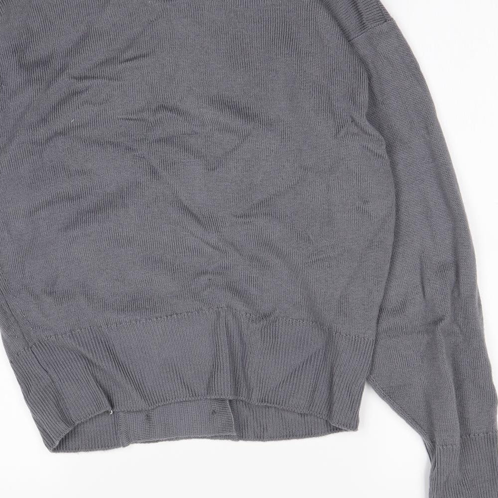 Brand and care label for Preworn women’s grey cardigan jumper, size M