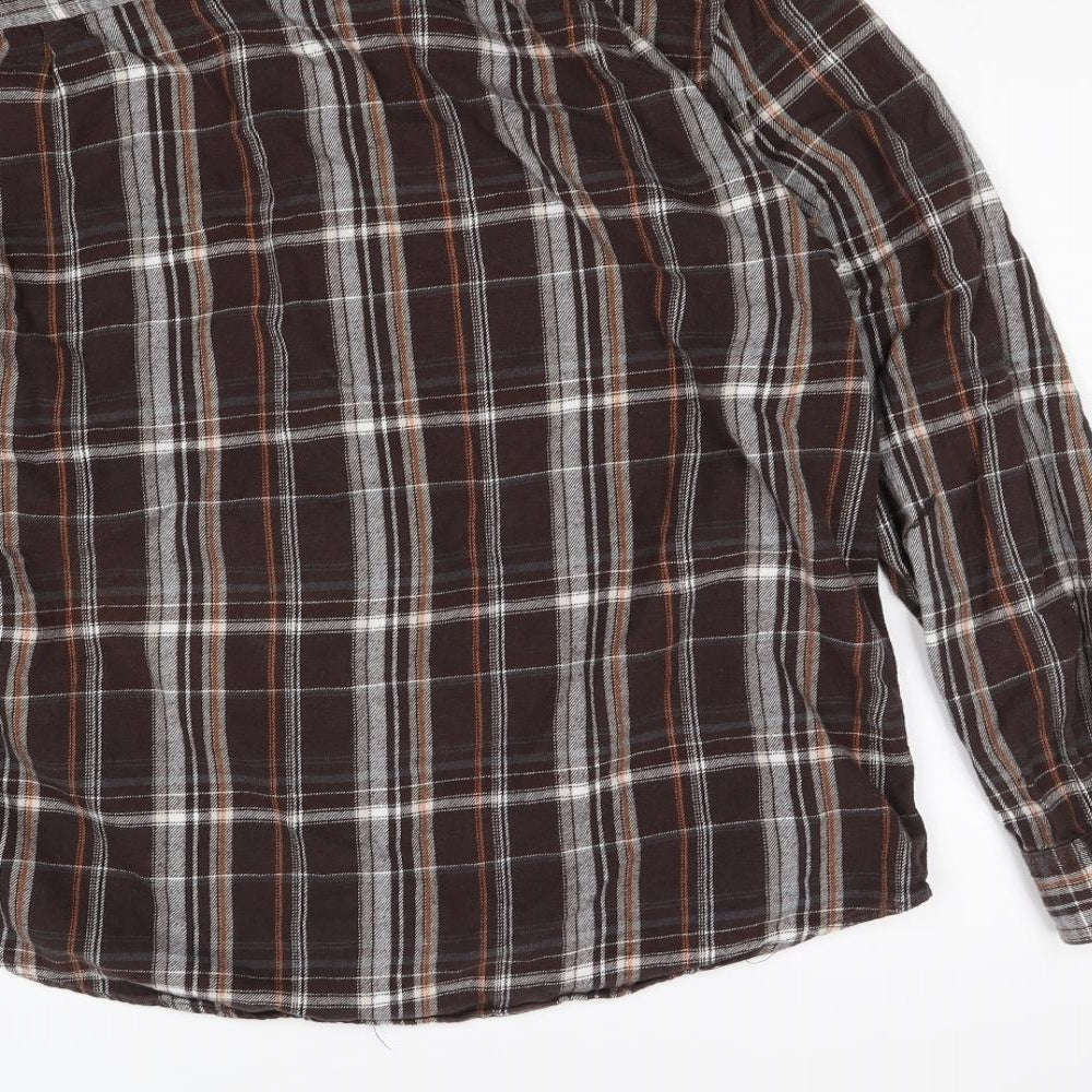 Brand and care label for Mangoon boys’ brown check basic button-up, size XL