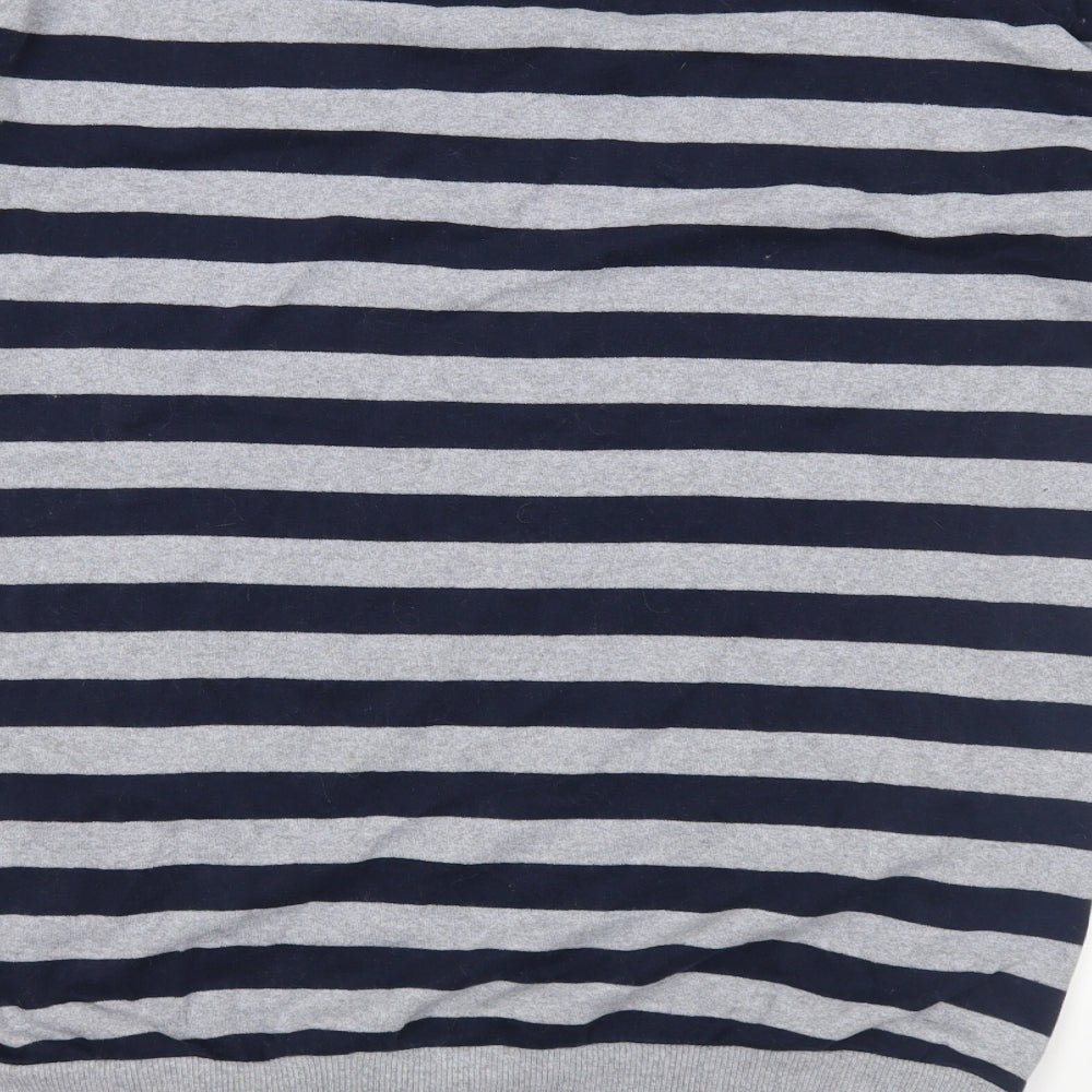 Brand and care label for Peacocks women’s blue striped pullover sweatshirt, size UK 12