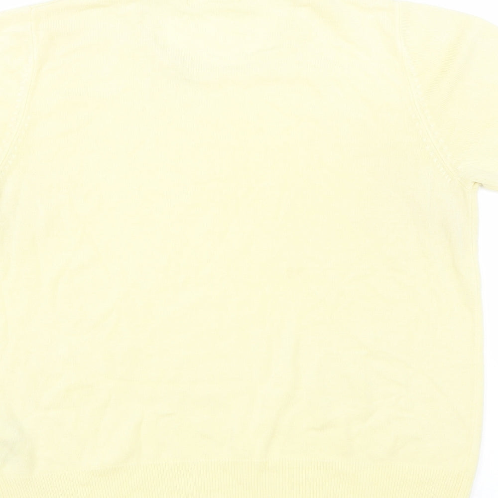 Brand and care label for Marks & Spencer women’s yellow jumper, size UK 14