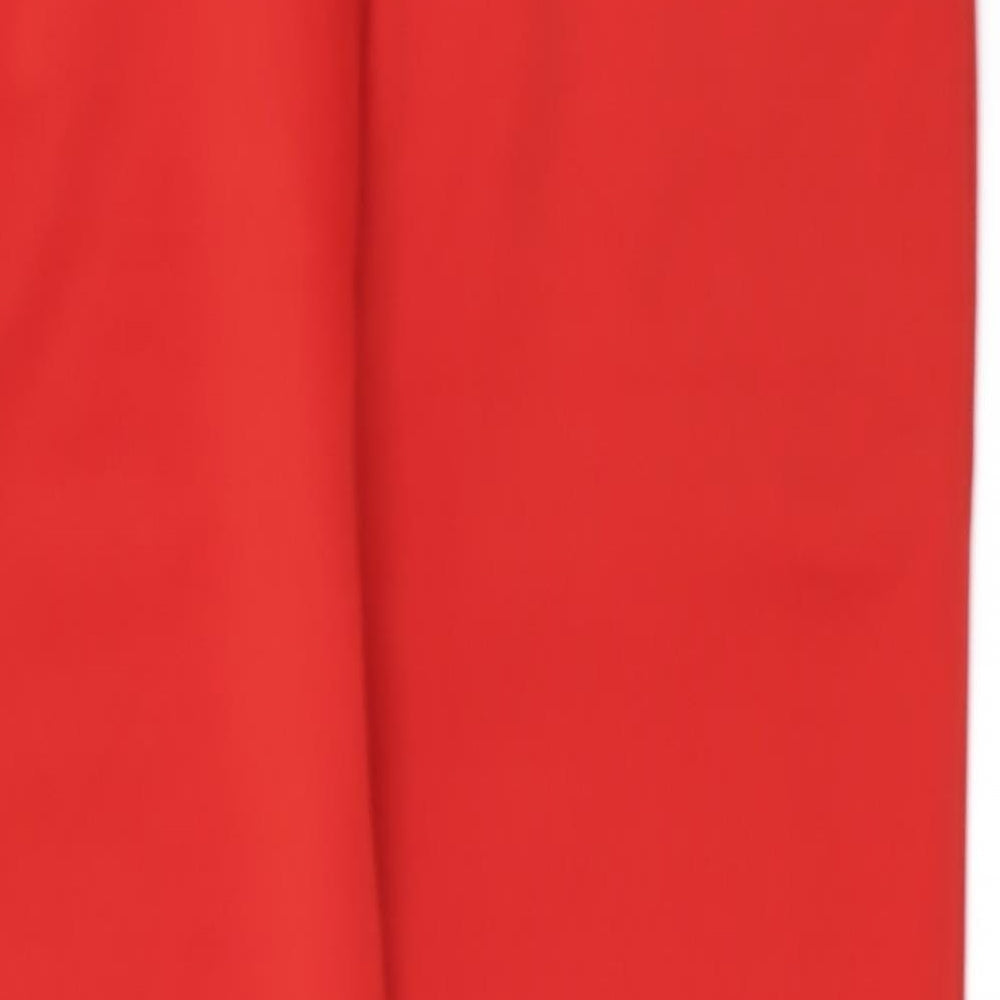 Brand and care label for I SAW IT FIRST women’s red cropped trousers, size L, 23-inch leg