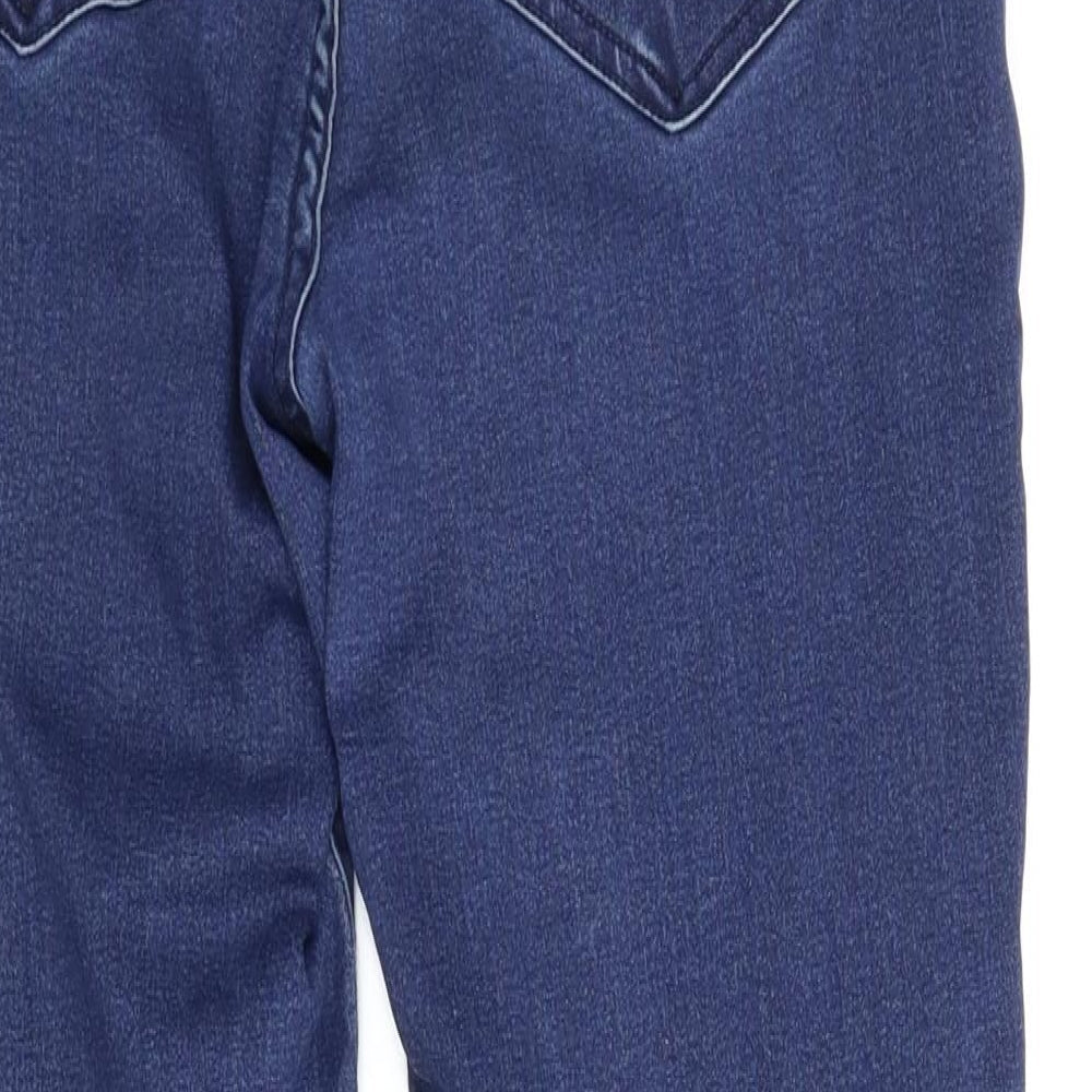 Brand and care label for Avenue Denim women’s blue denim skinny jeans, size UK 14, 27-inch leg