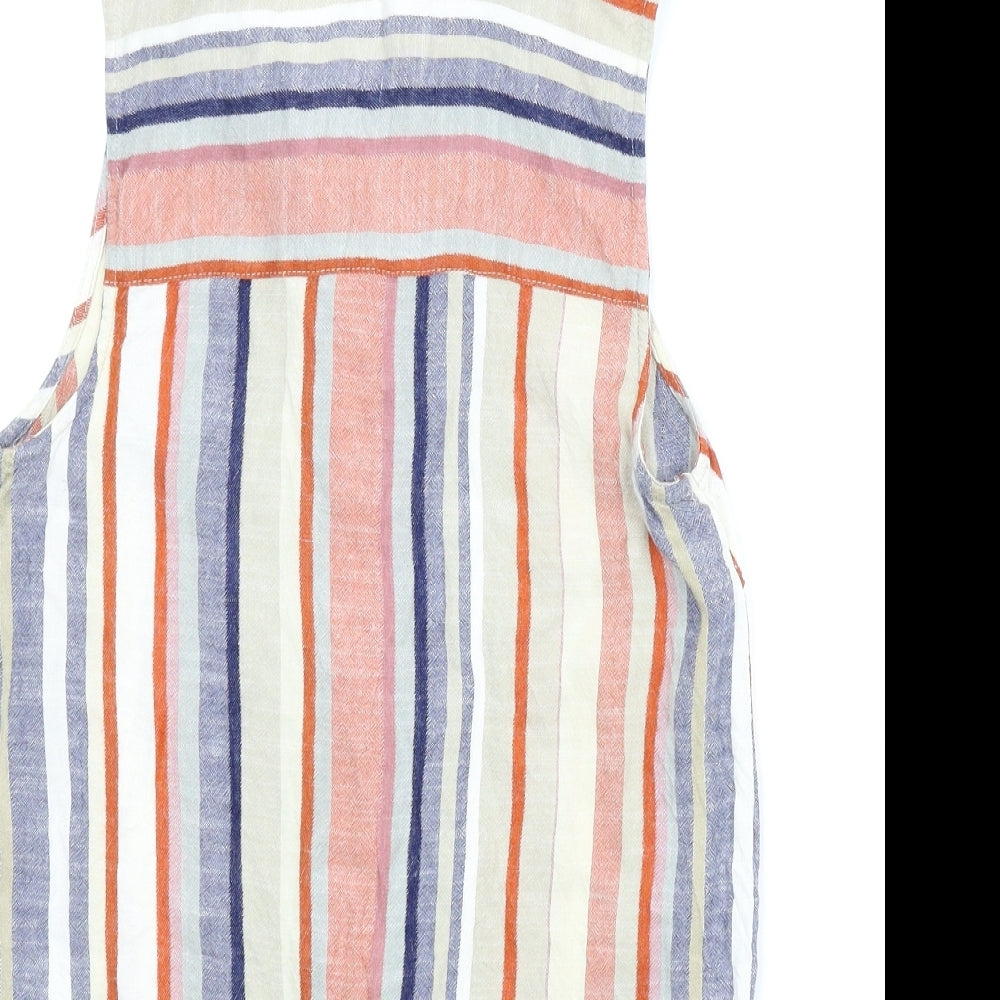 Brand and care label for Warehouse women’s multicoloured striped basic blouse, size UK 10
