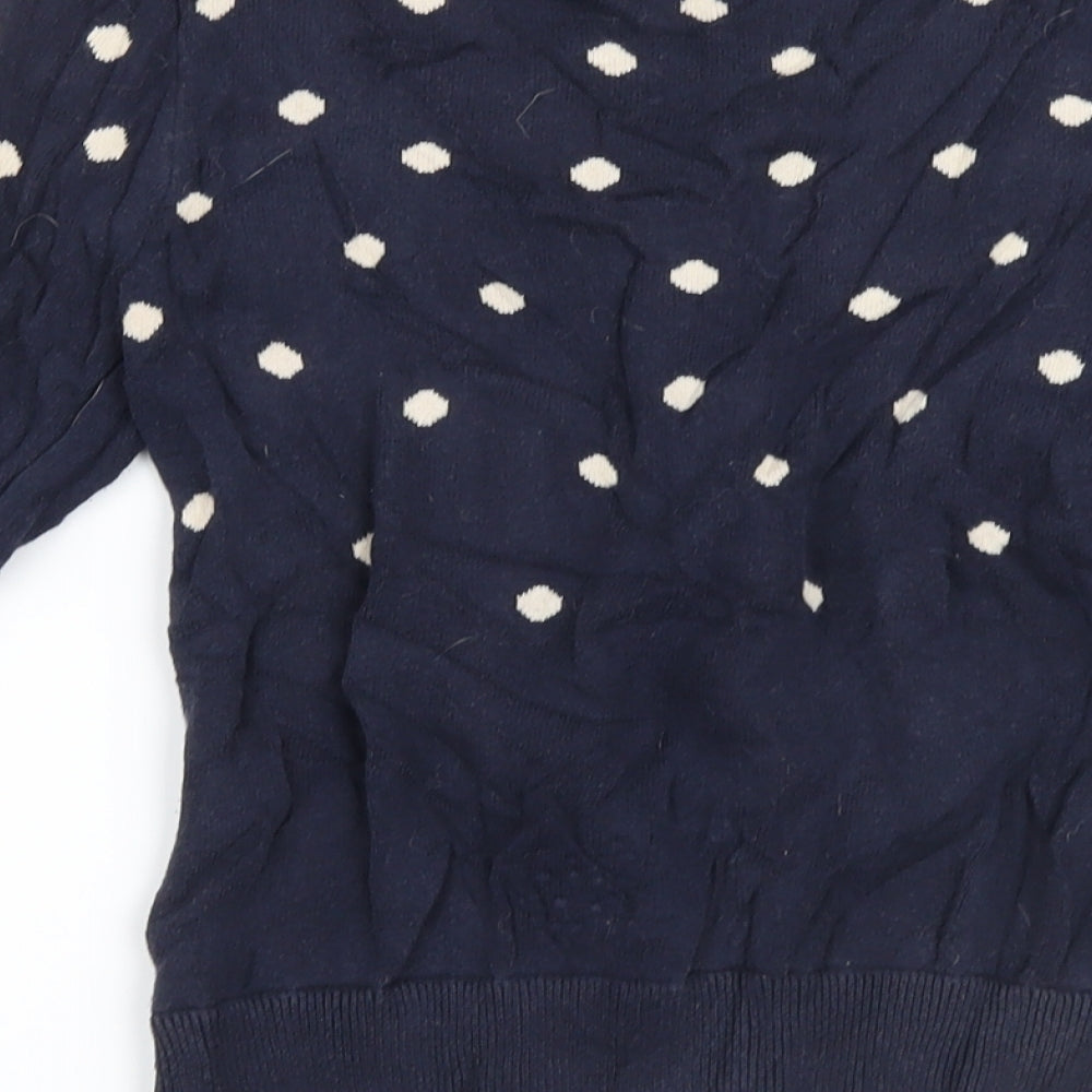 Brand and care label for Warehouse women’s blue polka dot knit cardigan jumper, size UK 8
