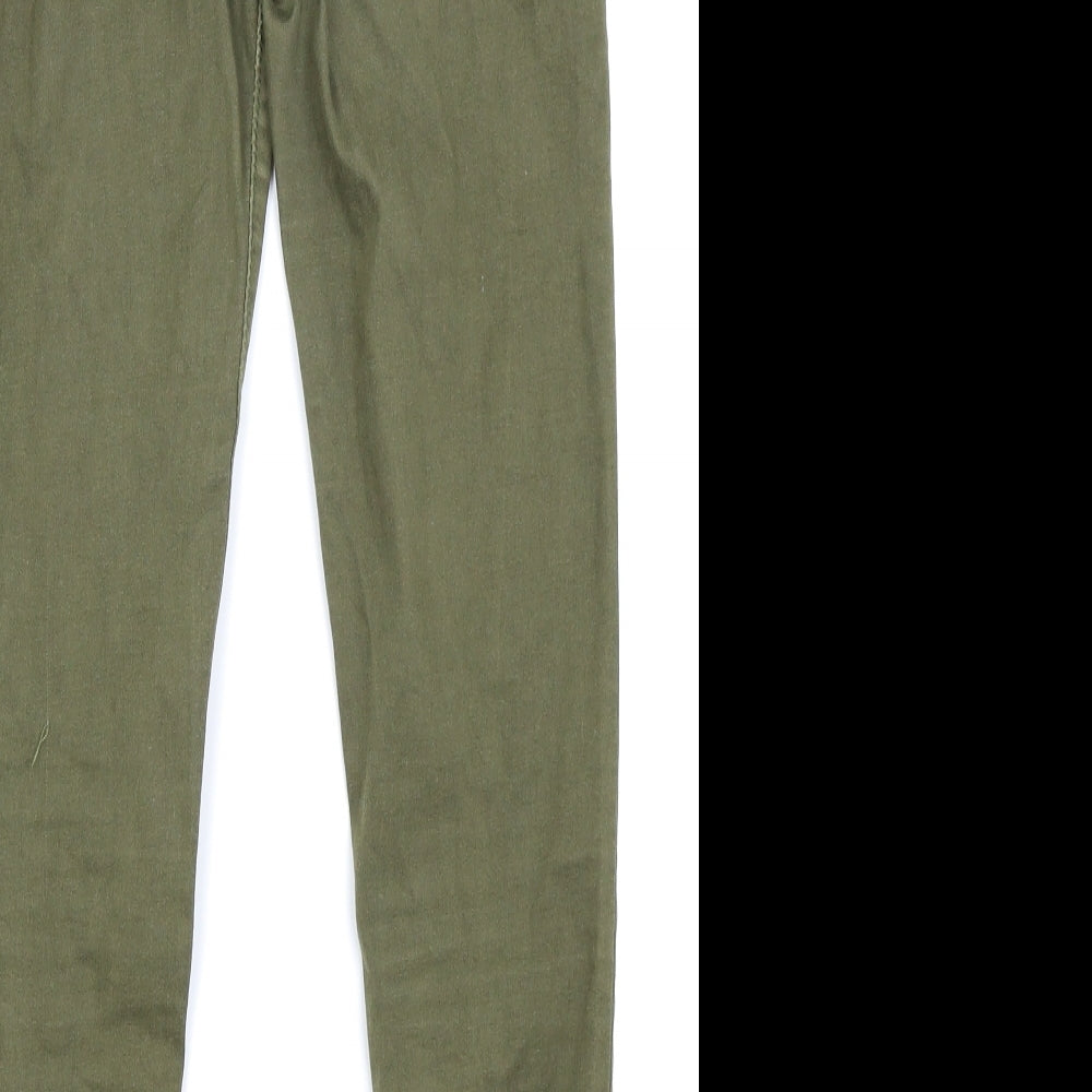 Brand and care label for MOMOKROM women’s green skinny jeans, size UK 6, 24-inch leg
