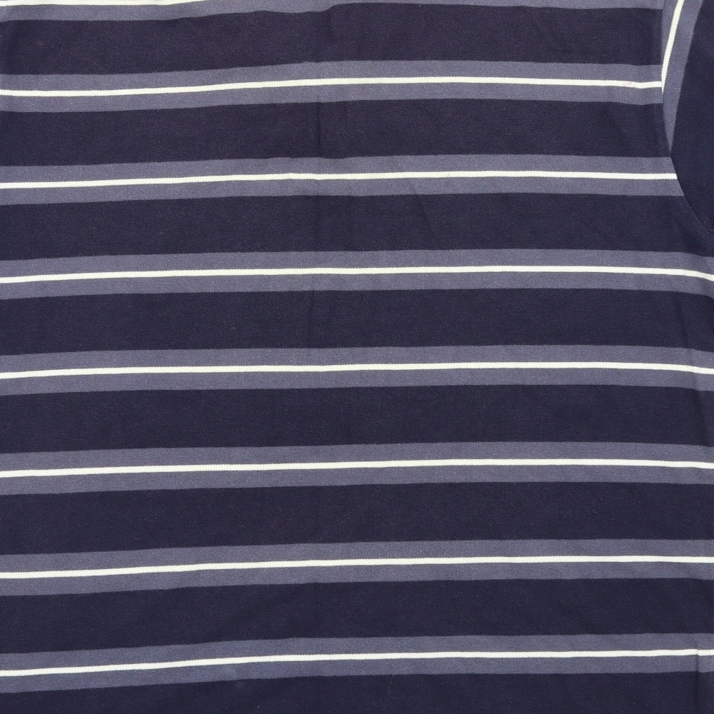 Brand and care label for Hi-Tec men’s blue striped polo, size M