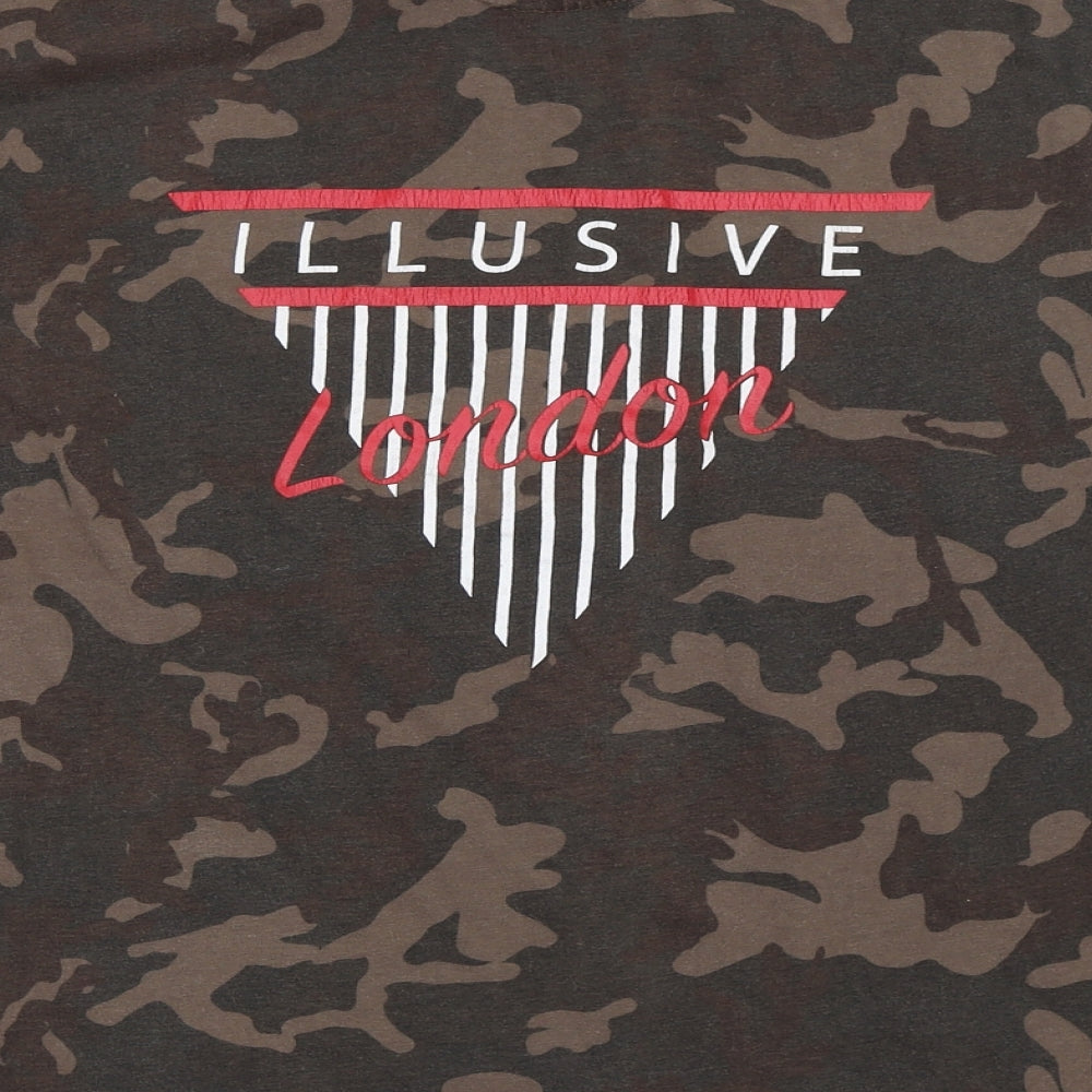 Brand and care label for ILLUSIVE LONDON men’s green camouflage t-shirt, size XS
