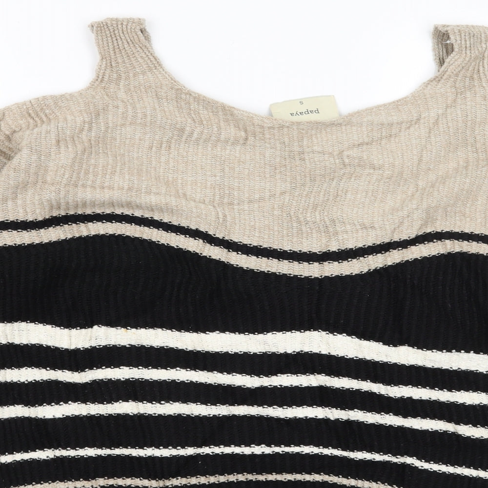 Brand and care label for Papaya women’s beige striped jumper, size S