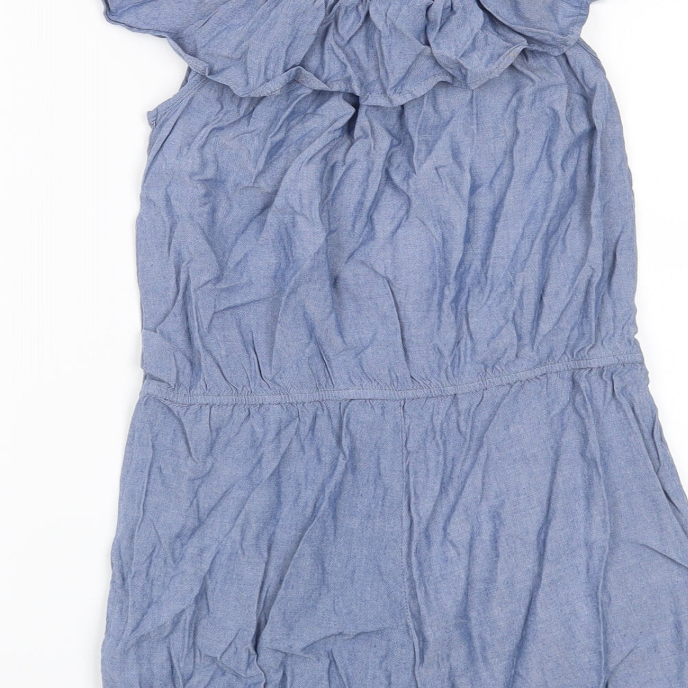 Brand and care label for H&M girls’ blue playsuit one-piece, size 12, years