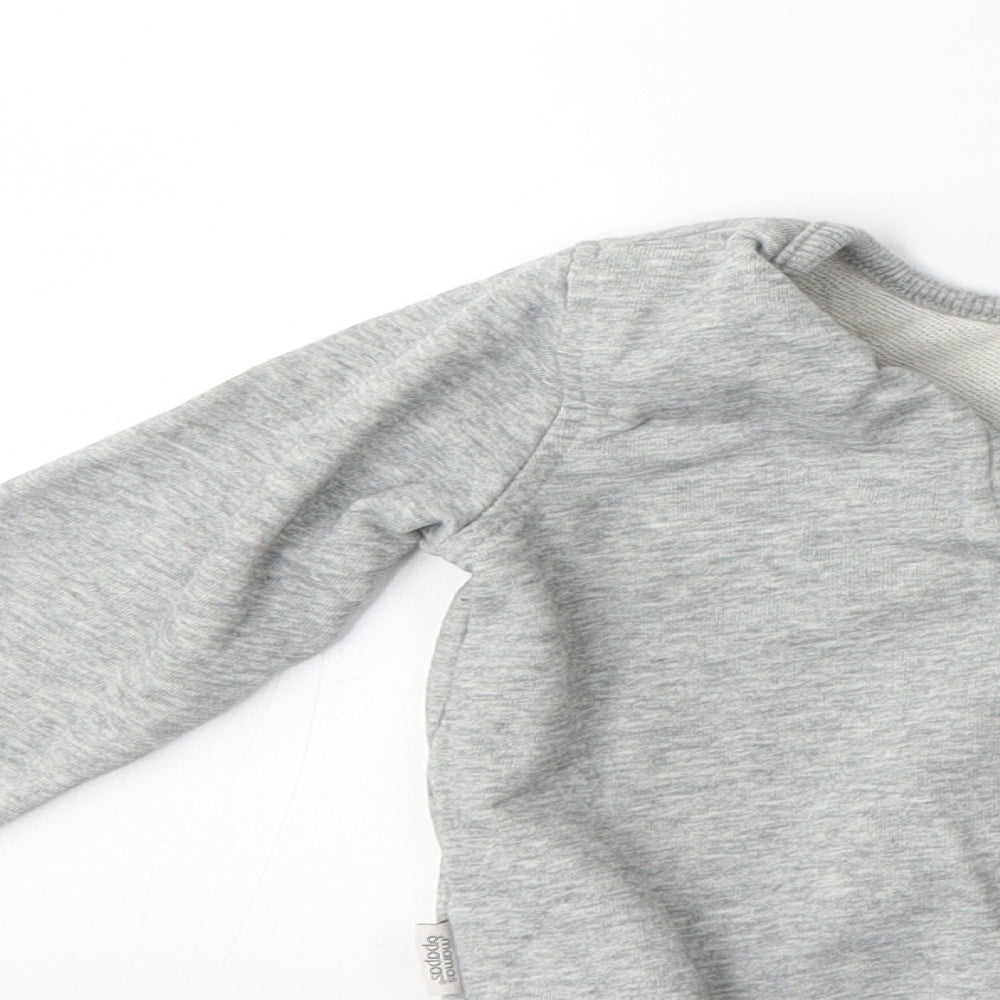Brand and care label for mamas & papas boys’ grey pullover sweatshirt, size 2-3, years