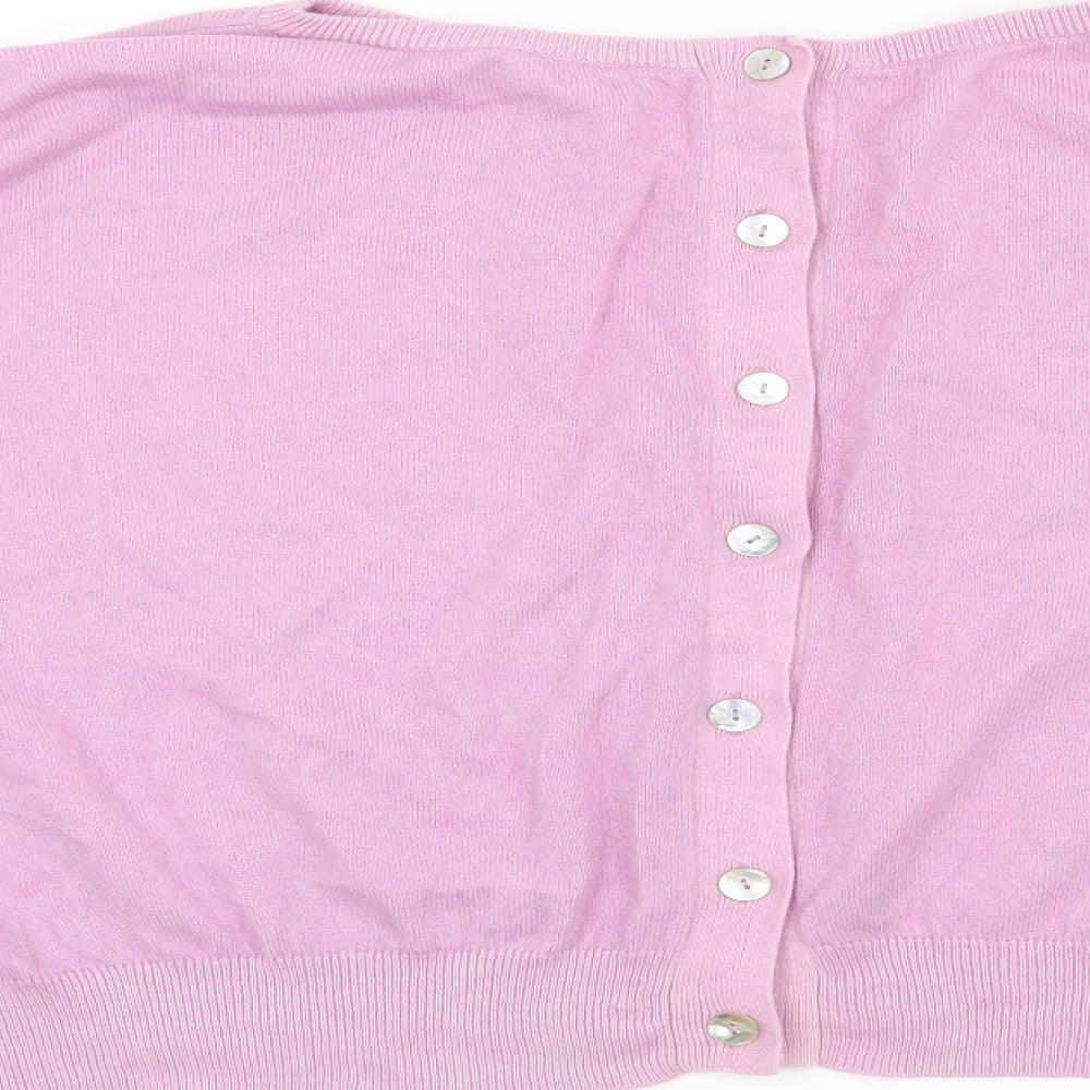 Brand and care label for mani stone women’s purple cardigan jumper, size M
