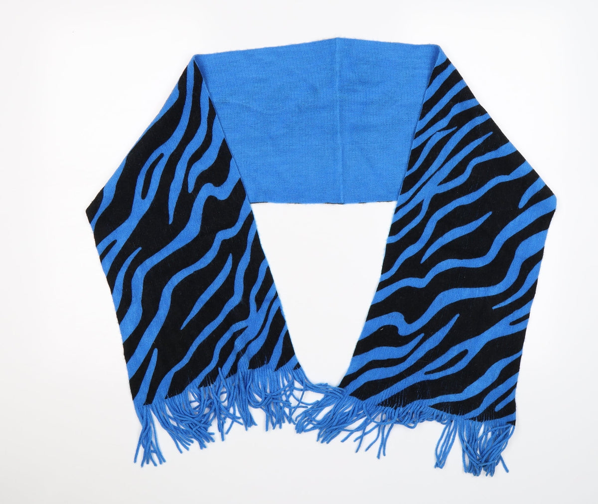 Front view of PREORN women’s blue animal print knit scarf - zebra print