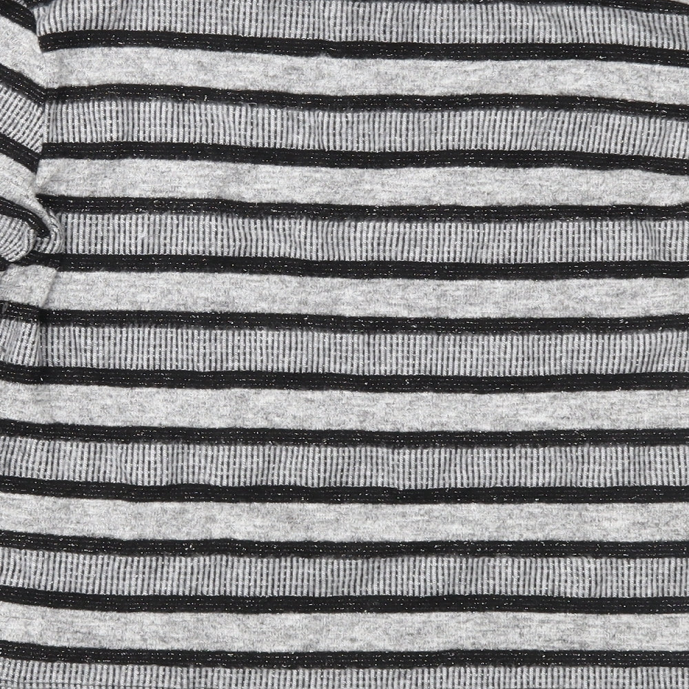 Brand and care label for Marks & Spencer women’s grey striped knit jumper, size UK 14