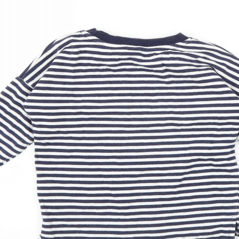 Brand and care label for TU boys’ blue striped pullover sweatshirt, size 6, years - so happy