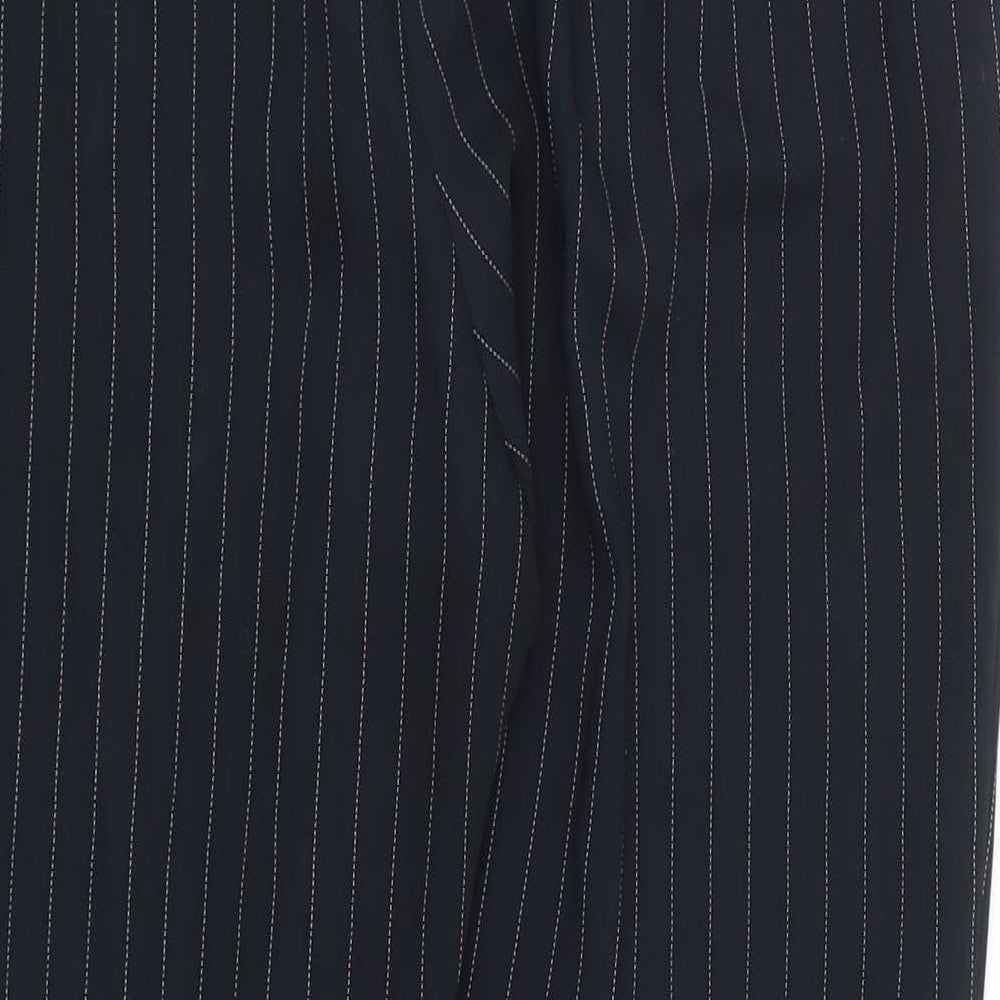 Brand and care label for Oasis women’s white striped trousers, size UK 12, 27-inch leg