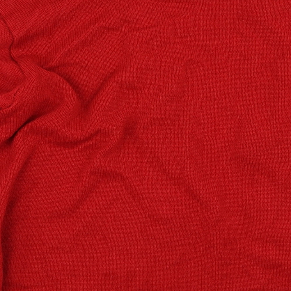 Brand and care label for Preworn women’s red cardigan jumper, size M
