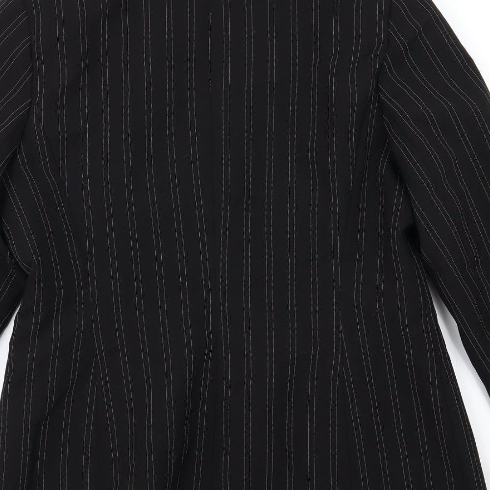 Brand and care label for AMARANTO women’s black striped rayon jacket suit jacket, size UK 12