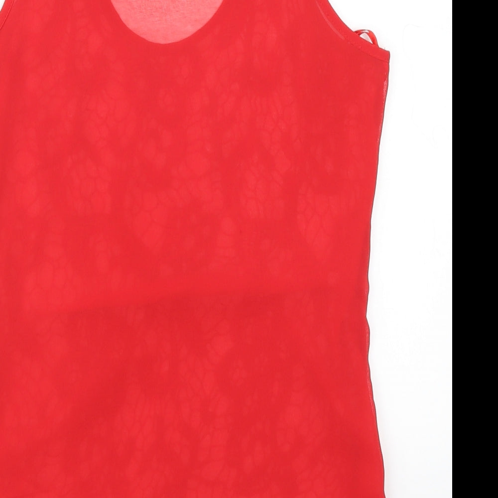 Brand and care label for Blue Paris women’s red lace basic tank, size S